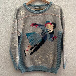 Unisex Vintage Berek 1988 80s Ice Skating Couple Snowflake Wool Sweater Medium
